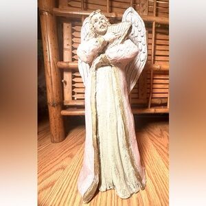 Handmade Ceramic Angel
Figurine with Harp Christian Statue Pink Cream 10" Tall